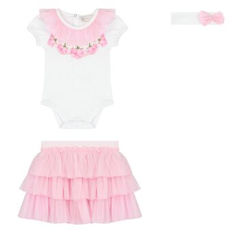Baby Girls White & Pink Rose Tulle Skirt Set
