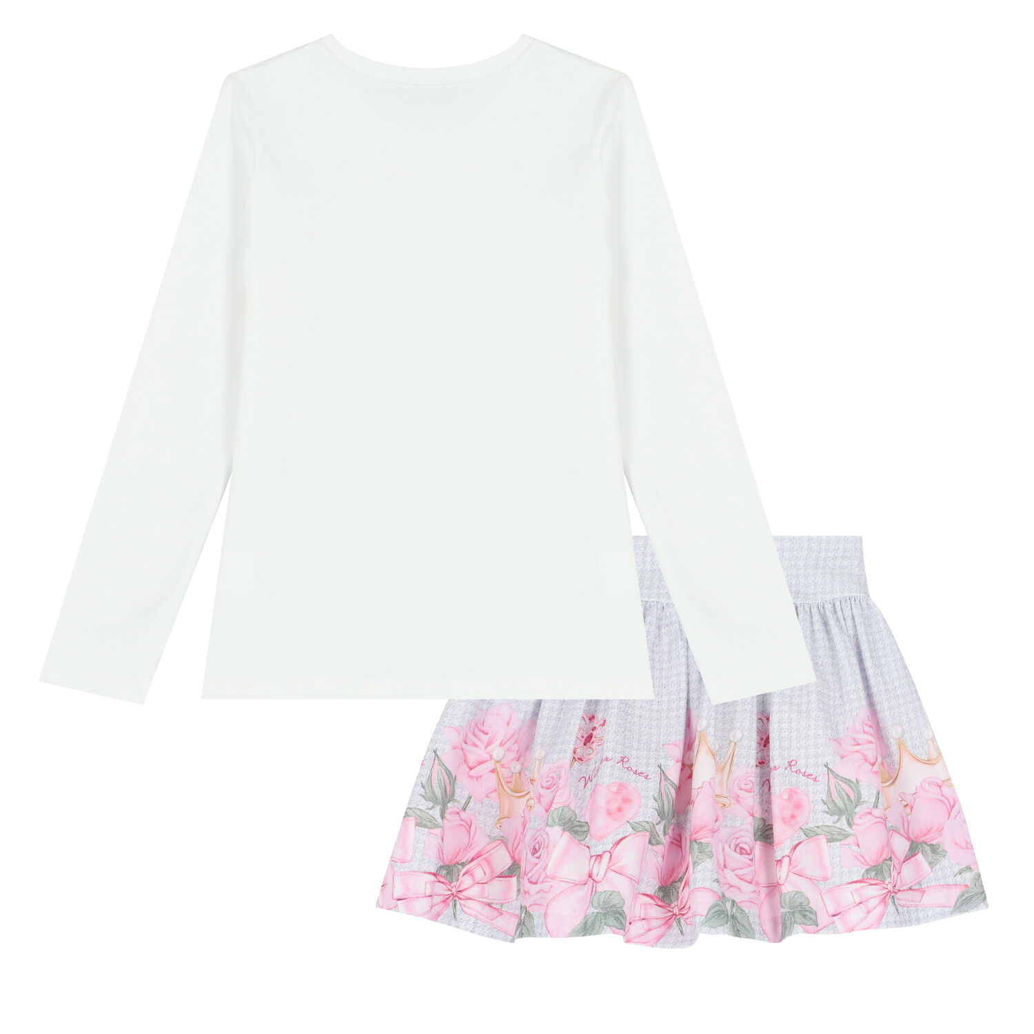 Girls White & Purple Rose Print Skirt Set, 1, hi-res