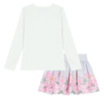 Girls White & Purple Rose Print Skirt Set