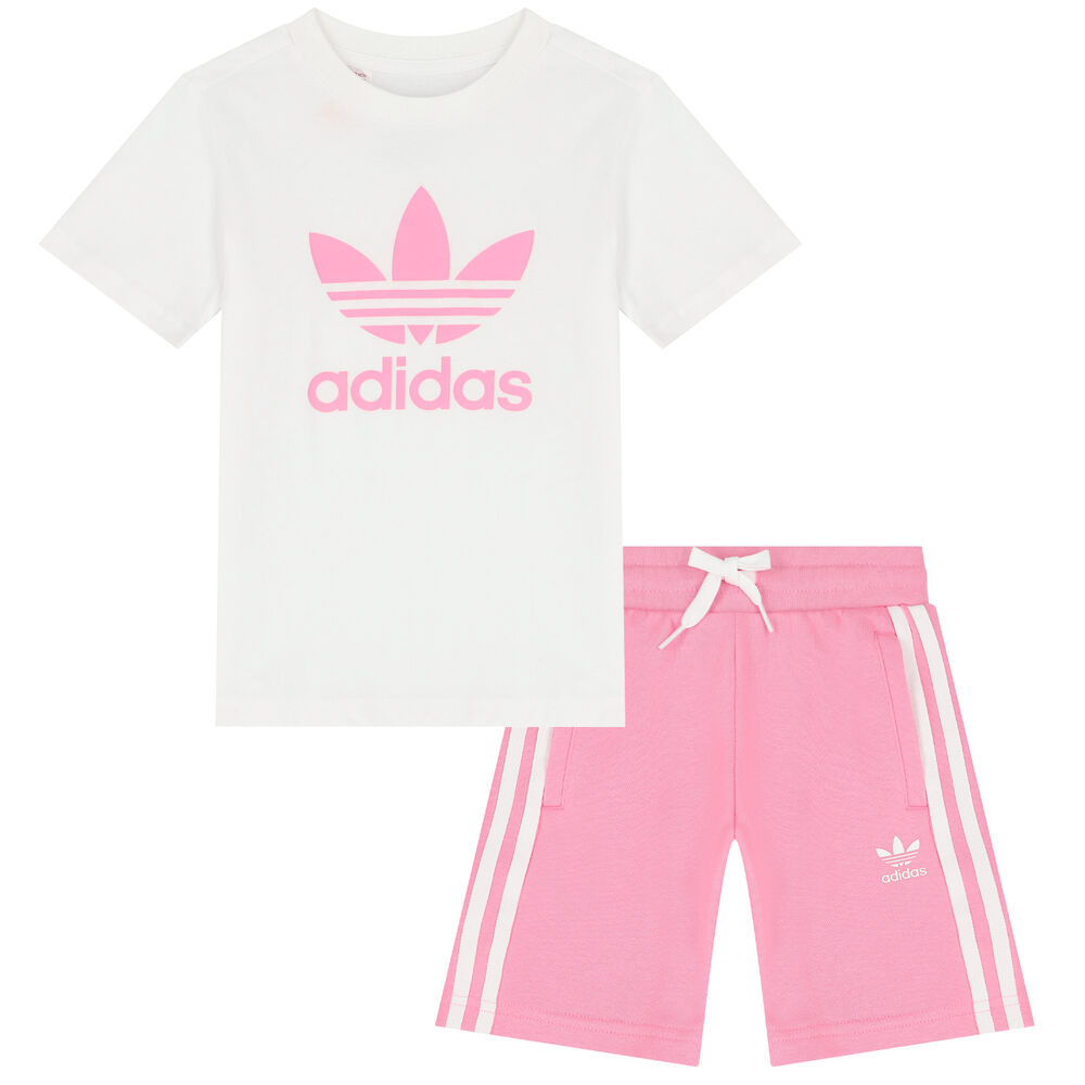 adidas Originals Girls White & Pink Logo Shorts Set | Junior Couture UAE