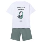 Boys White & Green Shorts Set, 2, hi-res