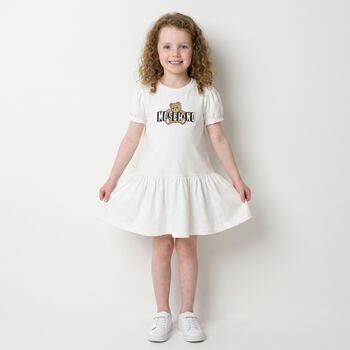 Younger Girls White Teddy Bear Logo Dress