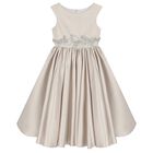 Girls Beige Crystal Waist & Satin Dress , 1, hi-res