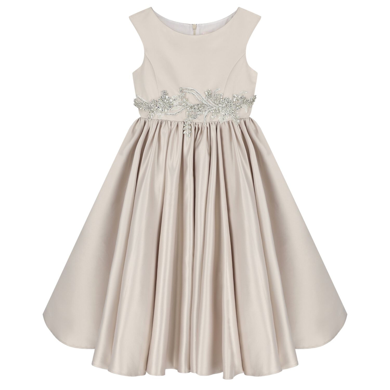 Girls Beige Crystal Waist & Satin Dress , 1, hi-res