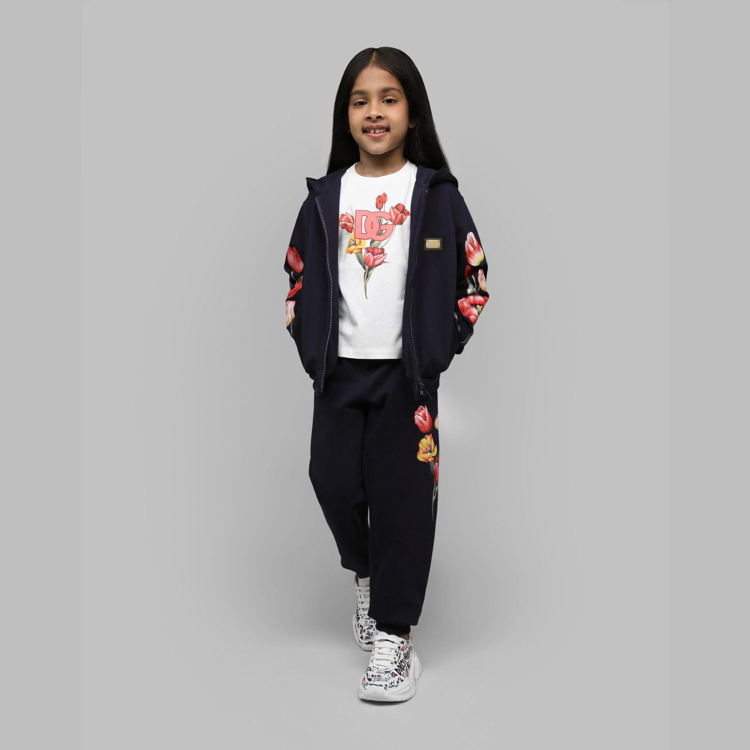 Girls Navy Blue Tulip & Logo Hooded Zip Up Top, 1, hi-res
