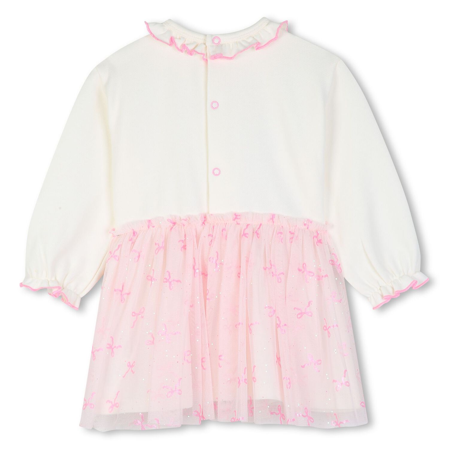 Younger Girls Ivory & Pink Bow Tulle Dress, 1, hi-res