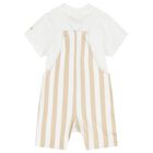 Baby Boys White & Beige Striped Logo Dungaree Set, 1, hi-res