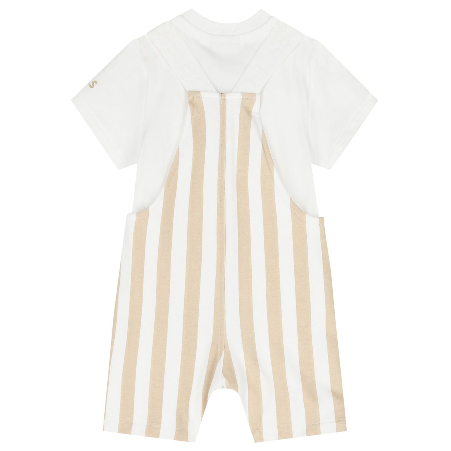 Baby Boys White & Beige Striped Logo Dungaree Set, 1, hi-res