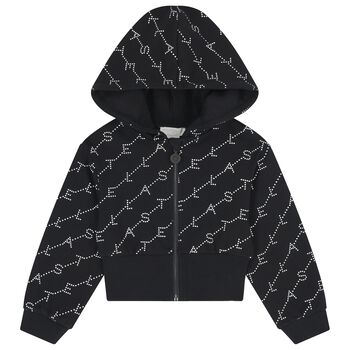 Girls Black Logo Hooded Zip Up Top