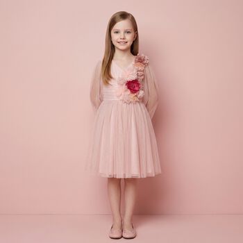 فستان تول وردي مزين بزهور ثلاثية الأبعاد للبنات