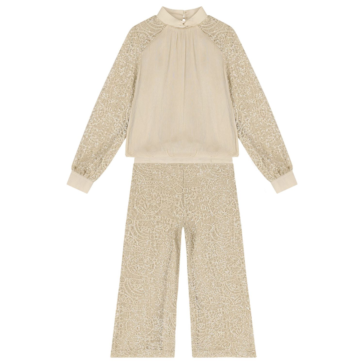 Girls Beige Embellished Trouser Set, 1, hi-res