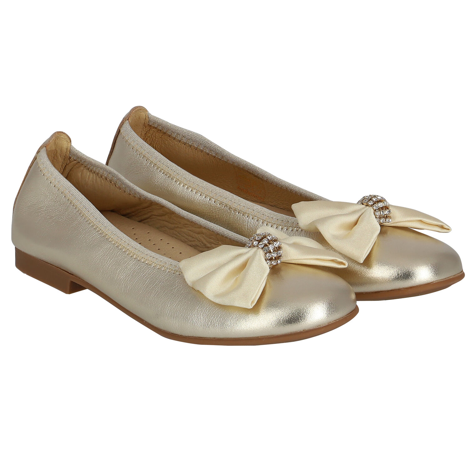 Girls Gold Embellished Bow Ballerina Shoes, 2, hi-res image number null