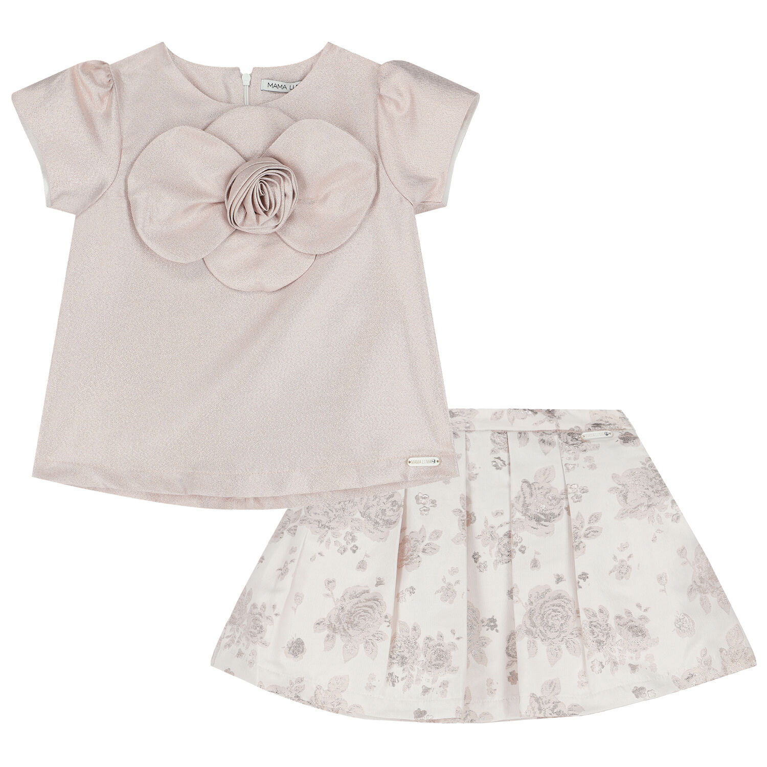 Girls Gold Satin & Jacquard Skirt Set, 1, hi-res