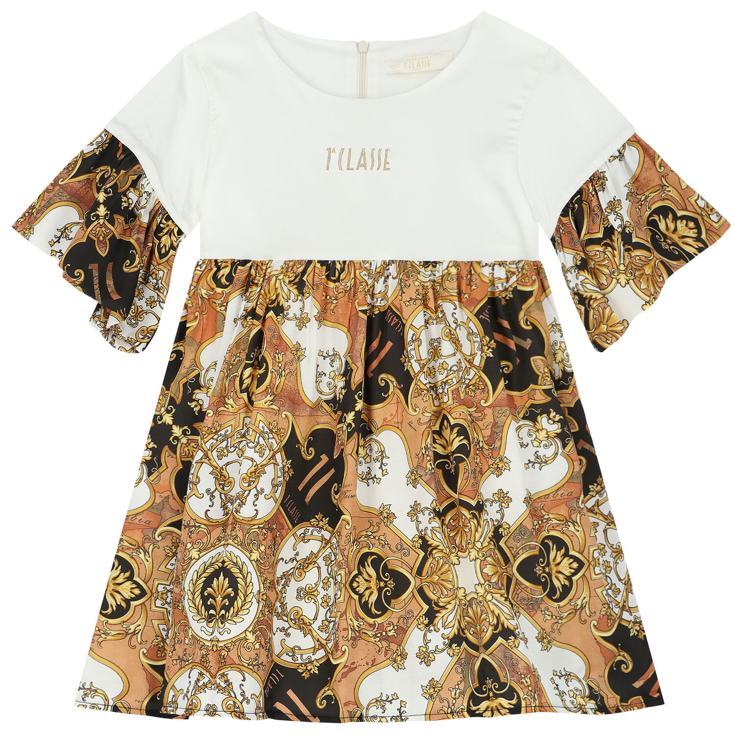 فستان بنات بالشعار باللون الأبيض والبيج, 1, hi-res