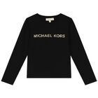 توب بنات بأكمام بالشعار باللون الاسود, 1, hi-res