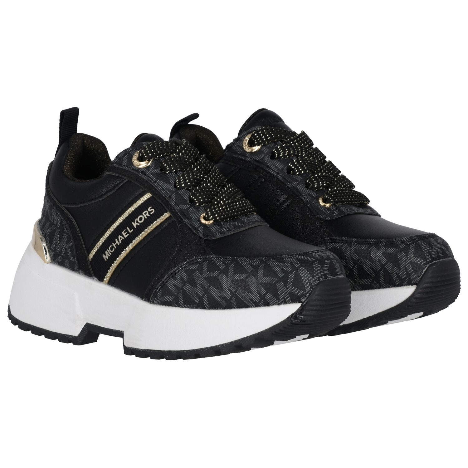Girls Black & Gold Logo Trainers, 1, hi-res