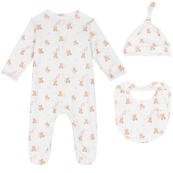 Baby Girls White & Pink Teddy Bear Babygrow Set