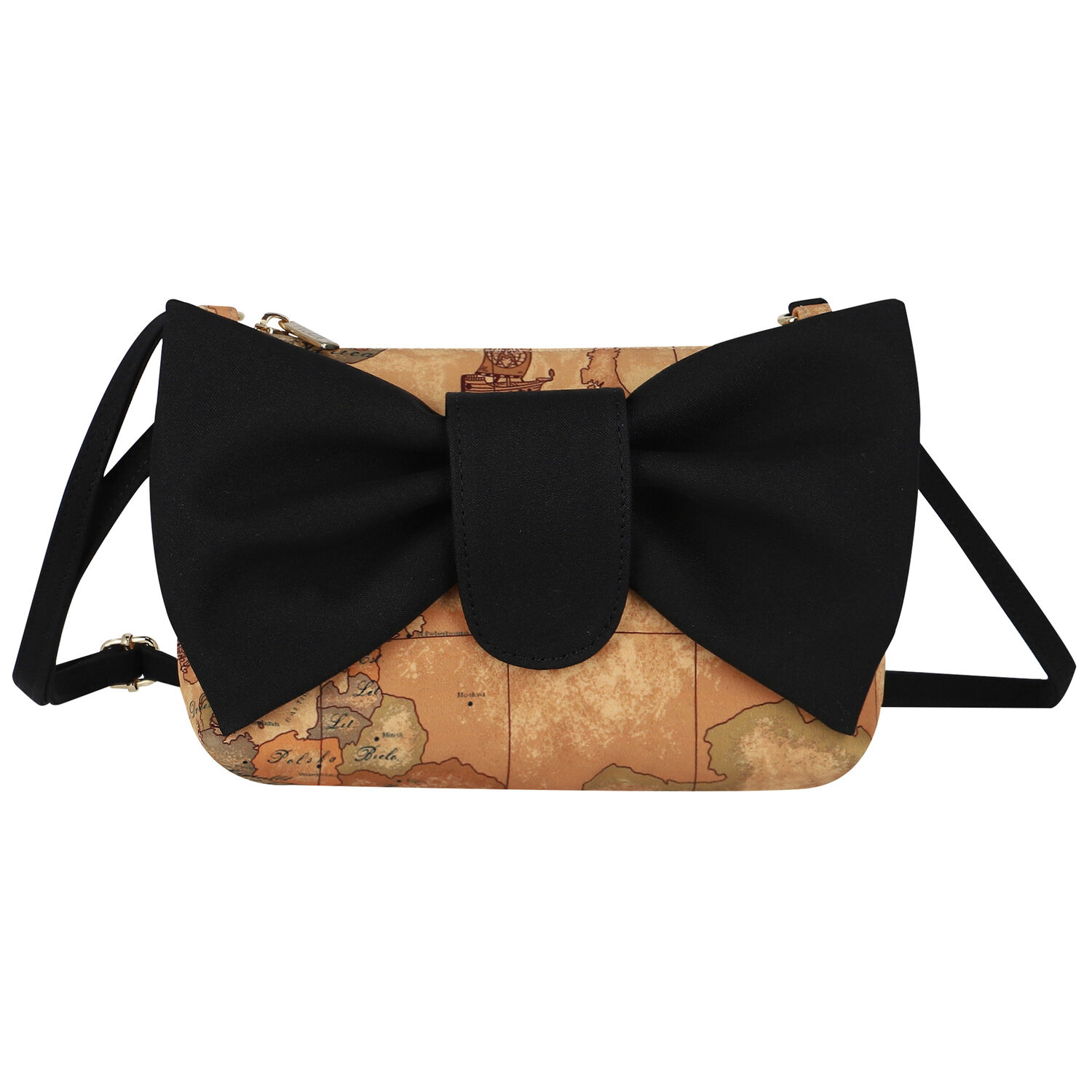 Girls Beige & Black Geo Map & Bow Handbag, 1, hi-res