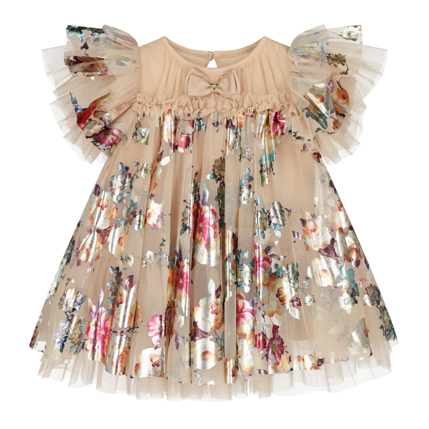 Baby Girls Beige Tulle Flowers Dress, 2, hi-res