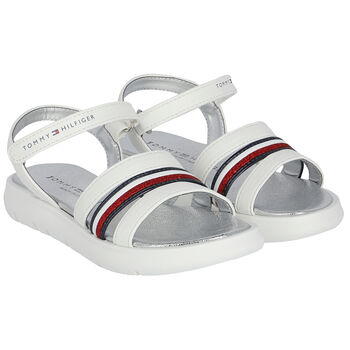 Girls White Stripe Logo Sandals