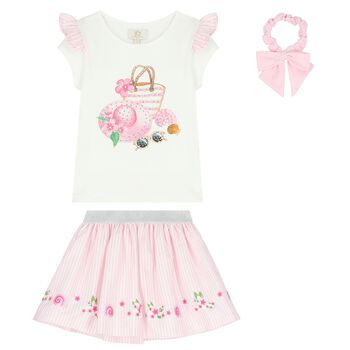 Girls White & Pink Striped Skirt Set