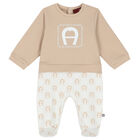 Beige & White Logo Babygrow, 1, hi-res
