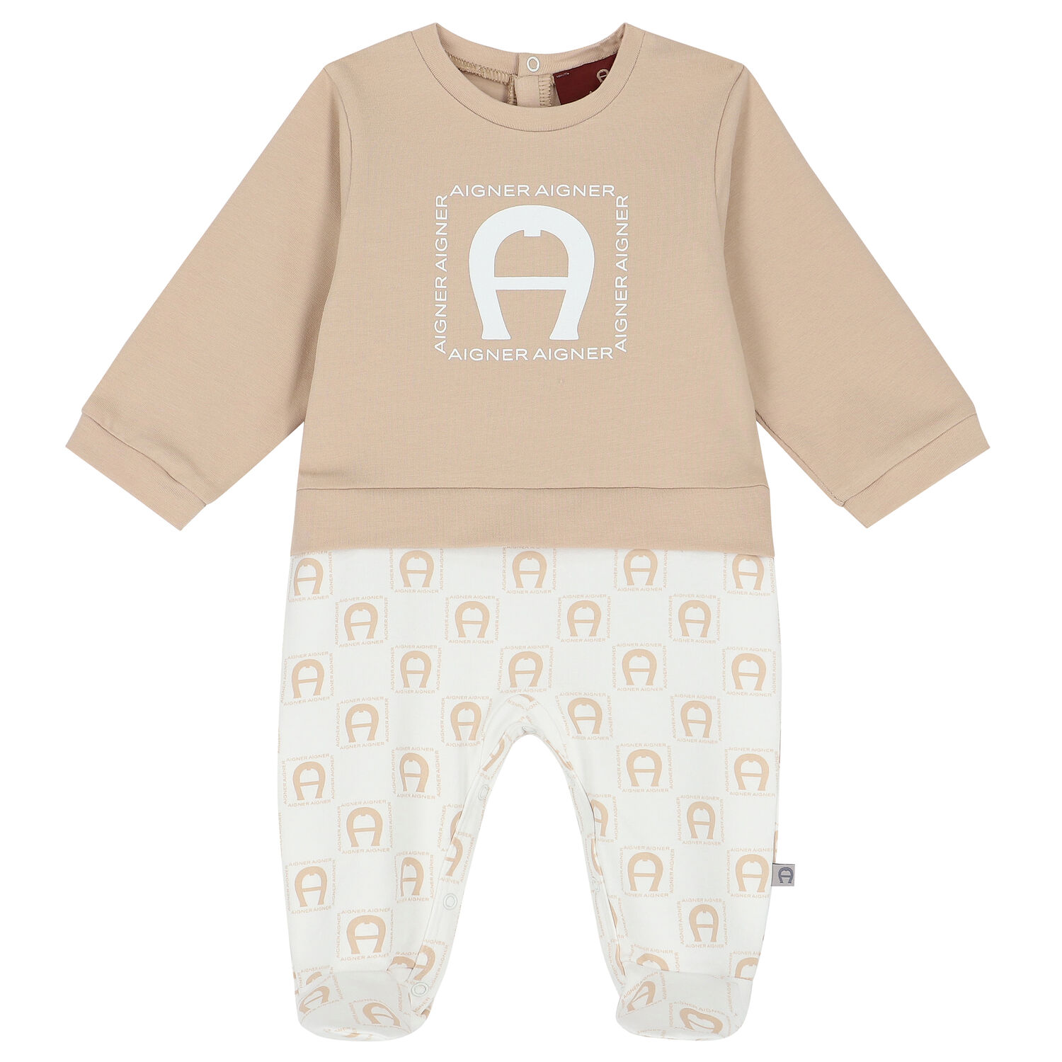 Beige & White Logo Babygrow, 1, hi-res