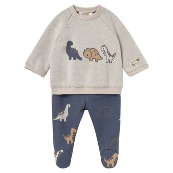 Baby Boys Grey & Blue Dinosaur 2 Piece Babygrow