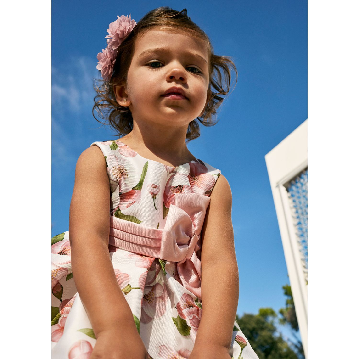 Younger Girls White Floral Satin Dress, 1, hi-res