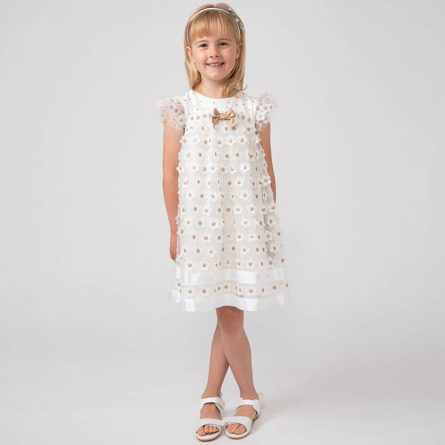 Girls Ivory & Gold Tulle Dress, 1, hi-res