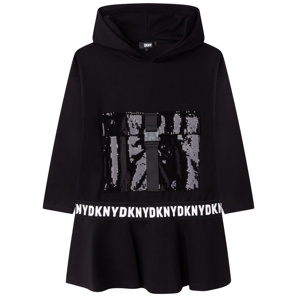 DKNY Girls Black Logo Sequin Hooded Dress | Junior Couture UAE