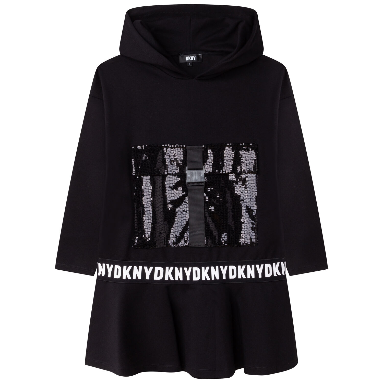 Girls Black Logo Sequin Hooded Dress, 1, hi-res image number null