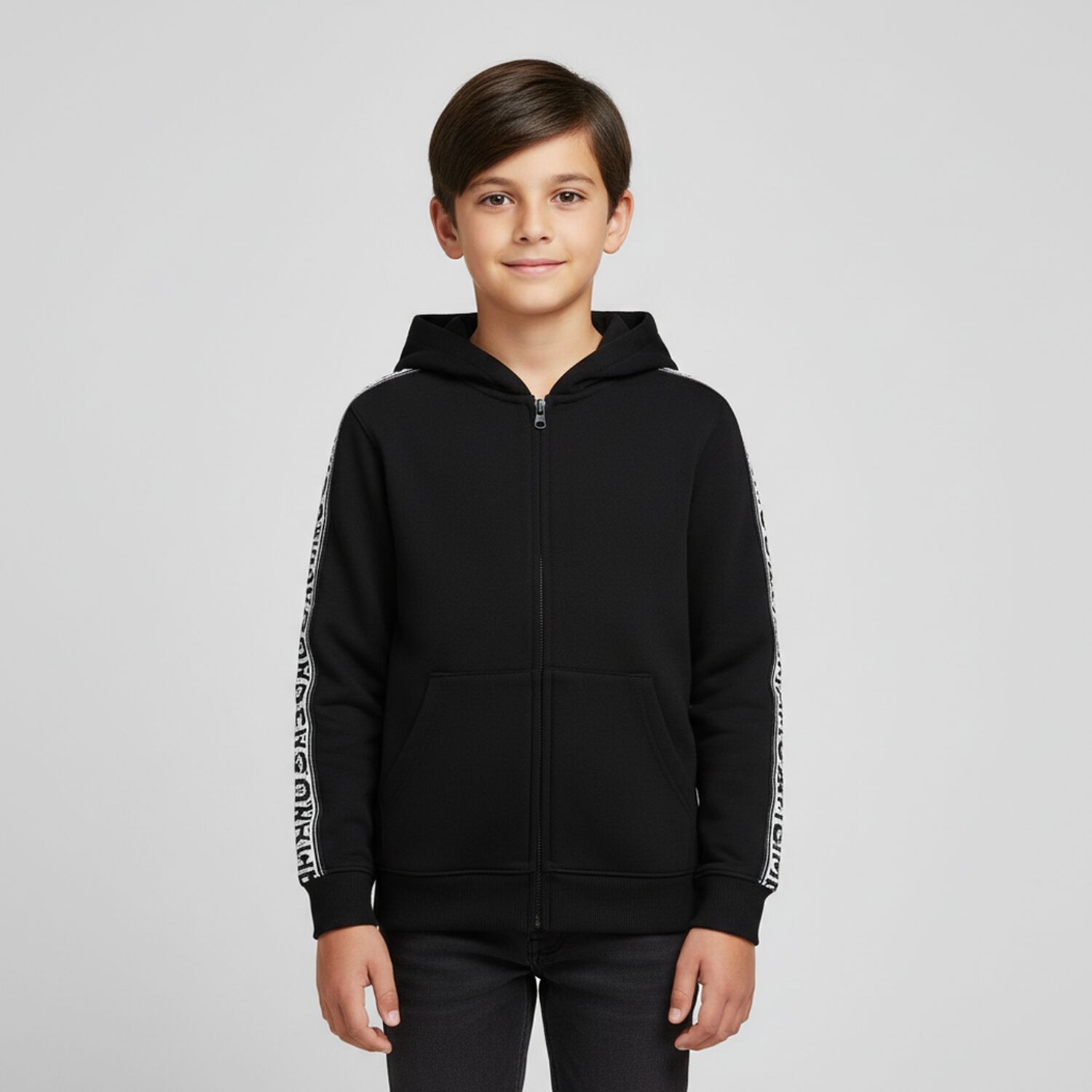 Black Logo Hooded Zip Up Top, 1, hi-res image number null