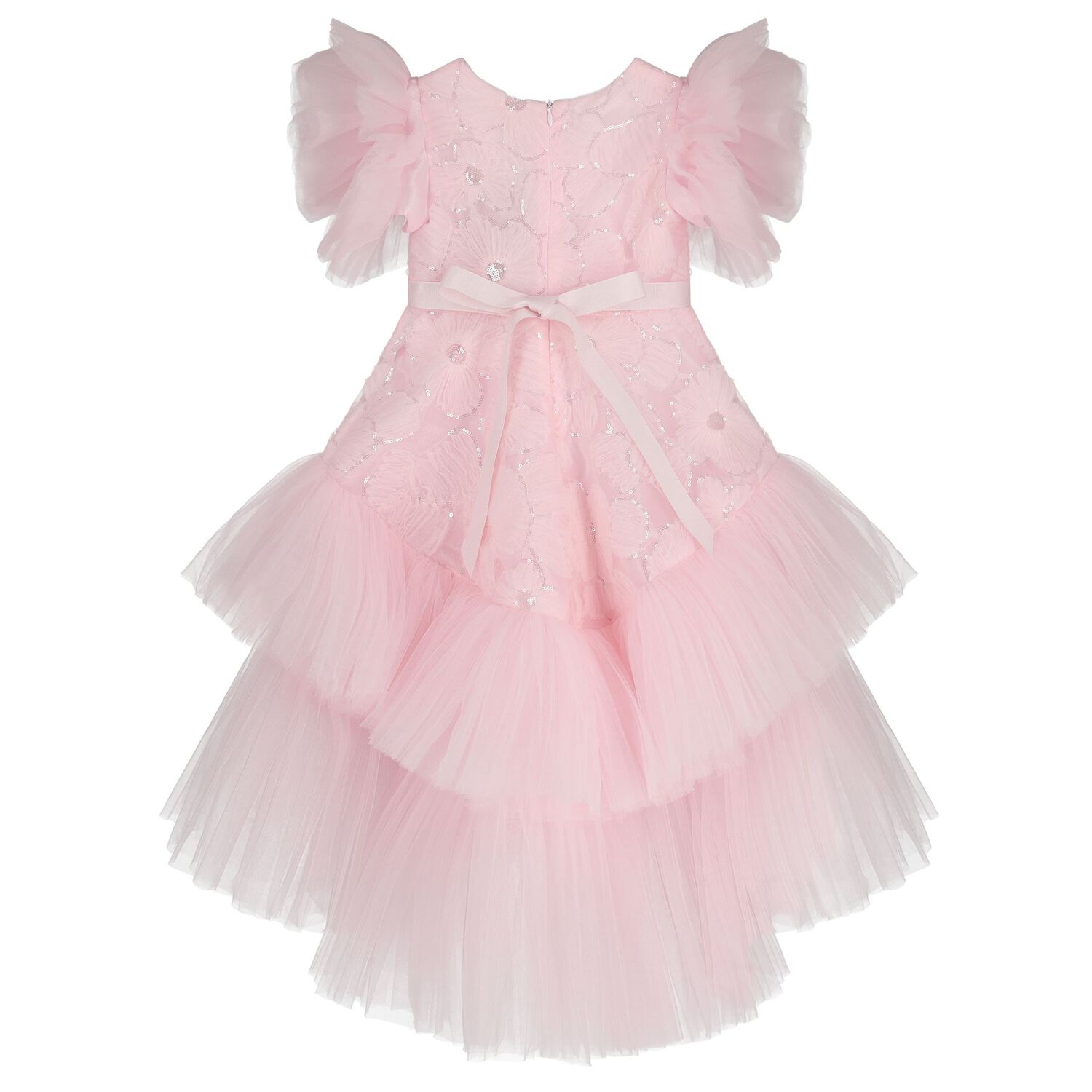 Girls Pink Floral Applique Tulle Dress, 1, hi-res