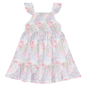 Girls Pink Floral Shirred Dress