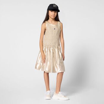 Girls Metallic Gold Logo Ruched Dress