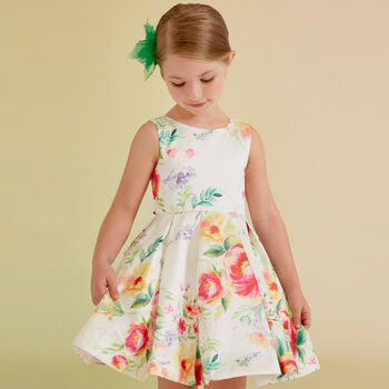 Girls Ivory Floral Satin Dress