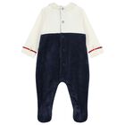 Baby Boys Ivory & Navy Blue Velour Babygrow, 1, hi-res