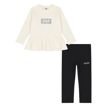 Younger Girls Ivory & Black Logo Leggings Set