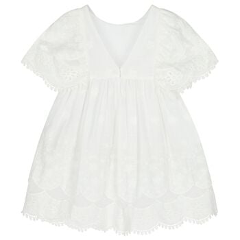 فستان بنات بنقشة أزهار ودانتيل باللون الأبيض