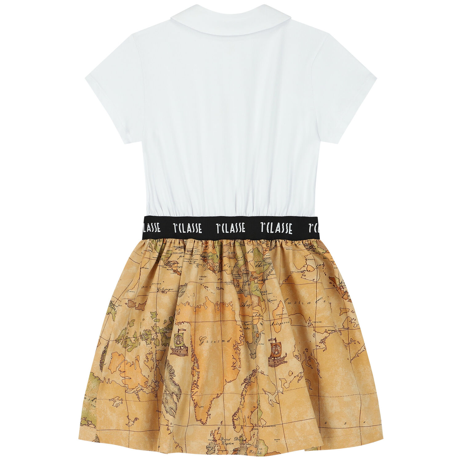 فستان بنات بولو مخطط  بطبعة خريطة باللون الأبيض والبيج , 1, hi-res