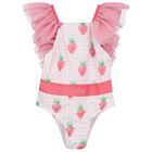 Girls White & Pink Gingham Strawberries Swimsuit, 3, hi-res