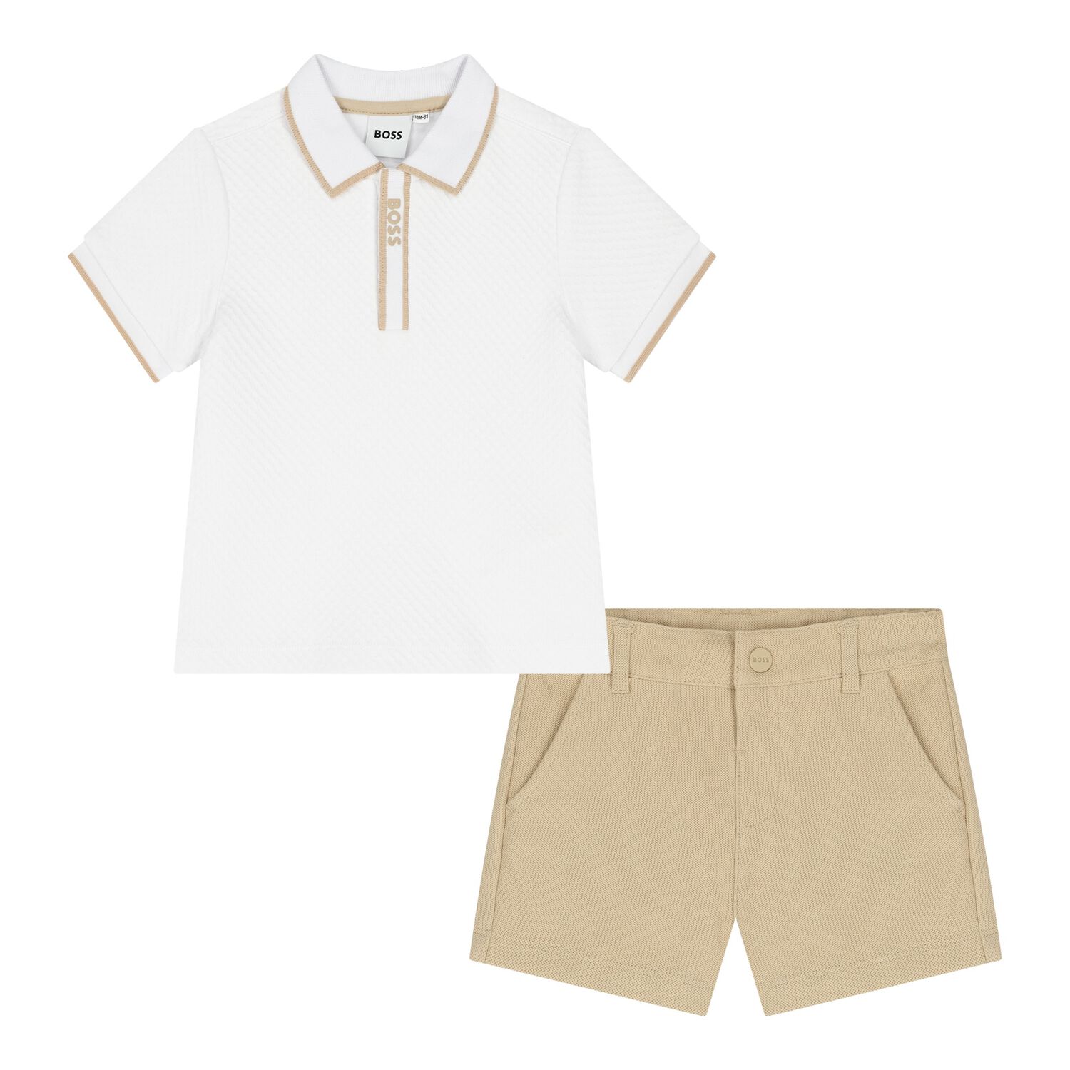 طقم شورت أولاد بالشعار باللون الأبيض والبيج, 1, hi-res