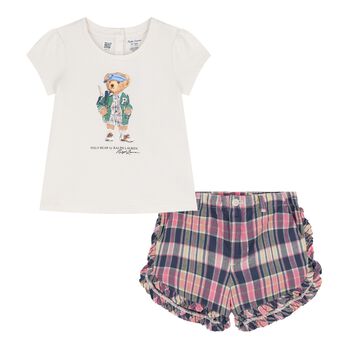 Baby Girls Ivory, Pink & Blue Tartan Polo Bear Shorts Set