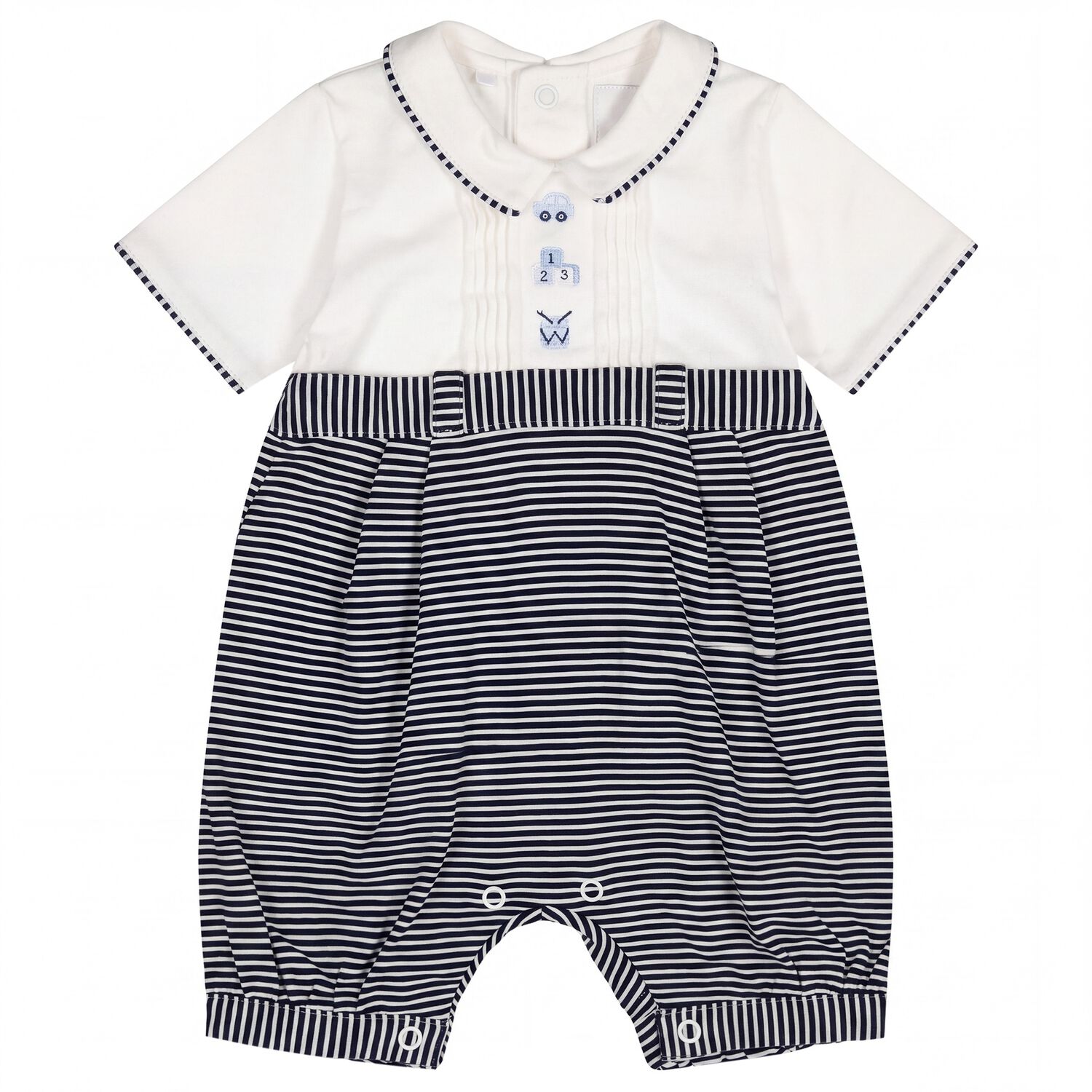 Baby Boys White & Navy Blue Striped Romper, 1, hi-res