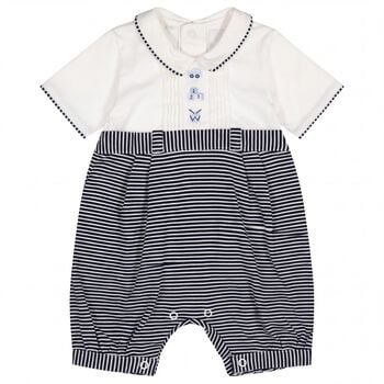 Baby Boys White & Navy Blue Striped Romper