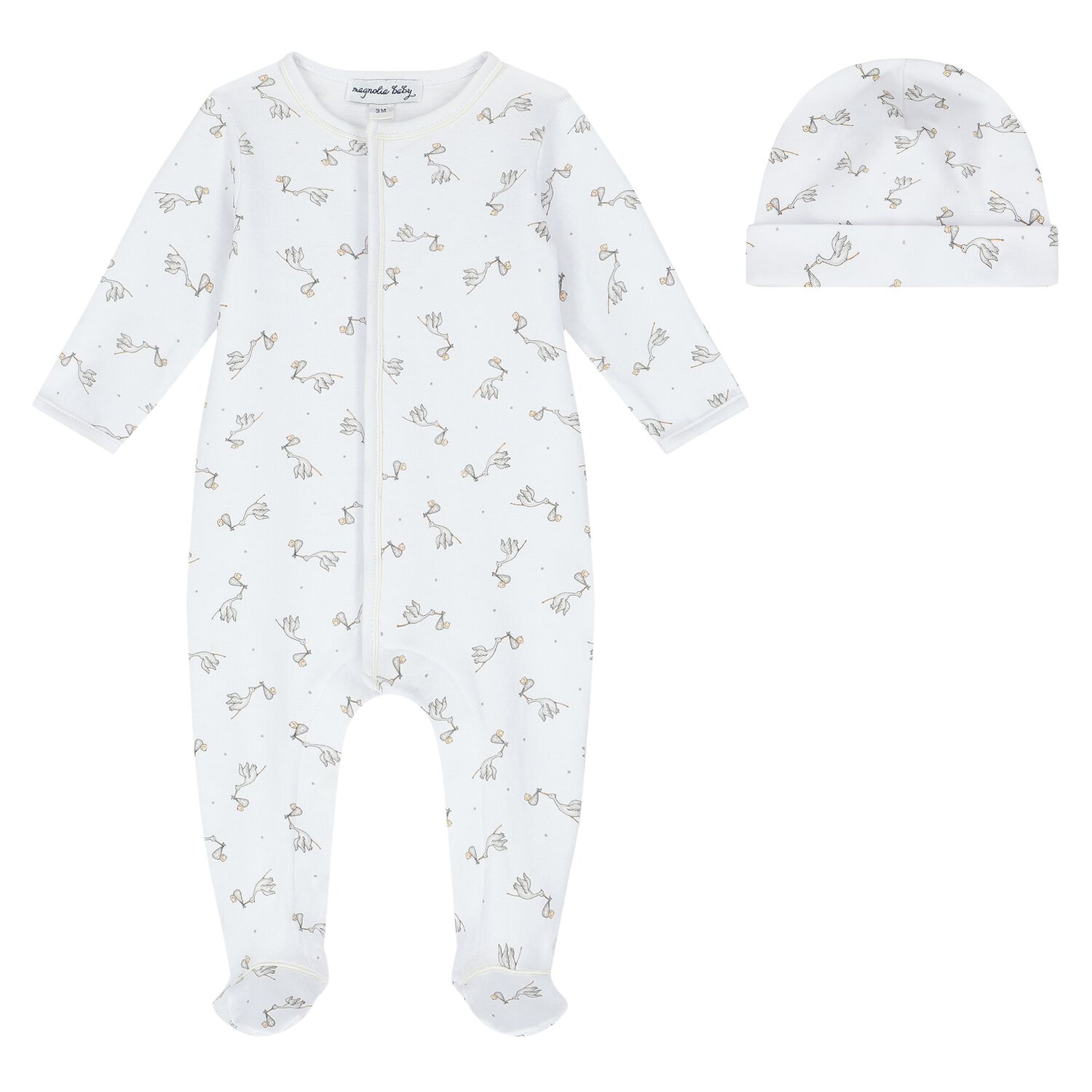 Baby White and Grey Stork Print Babygrow Set, 1, hi-res