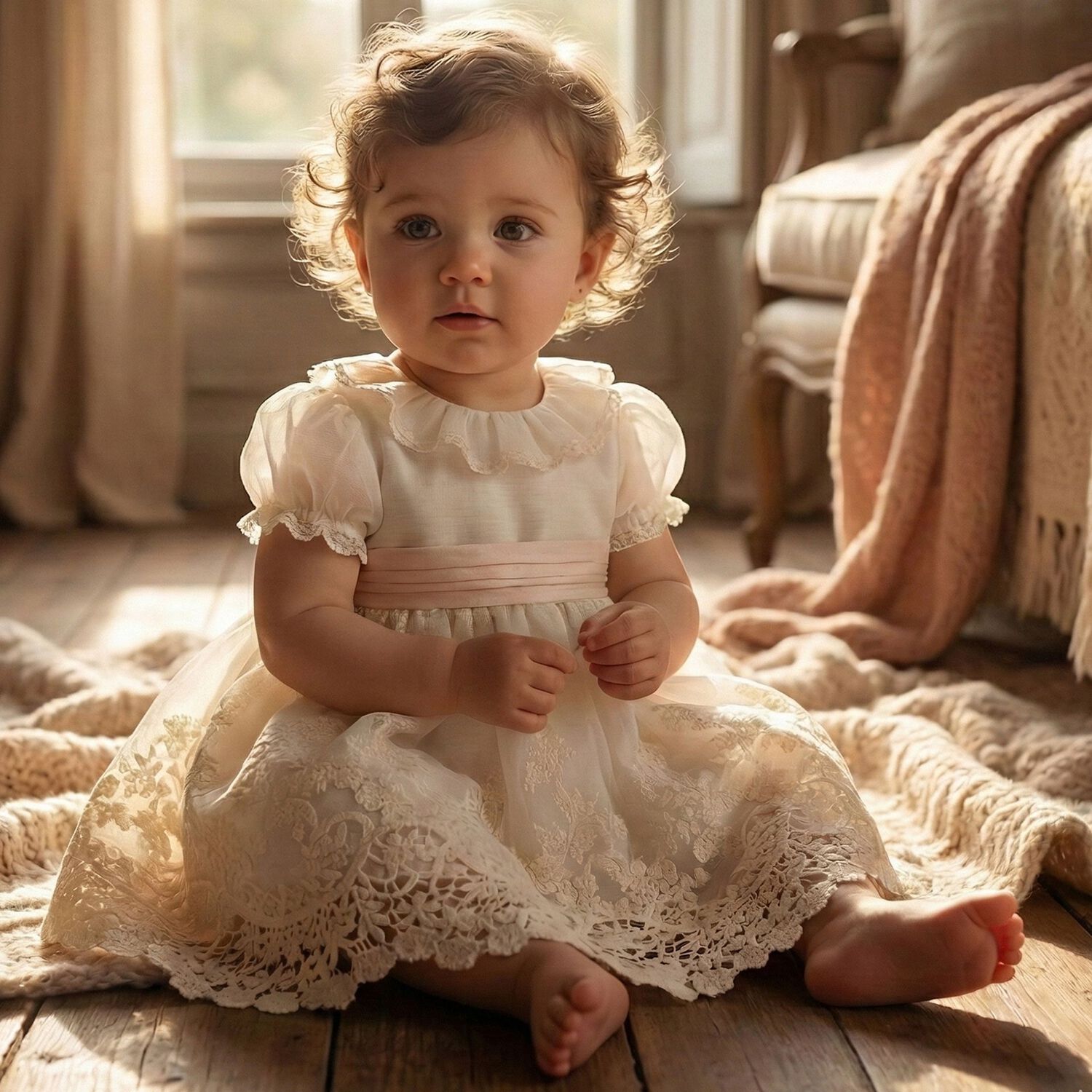 Baby Girls White Floral Embroidered Dress, 1, hi-res