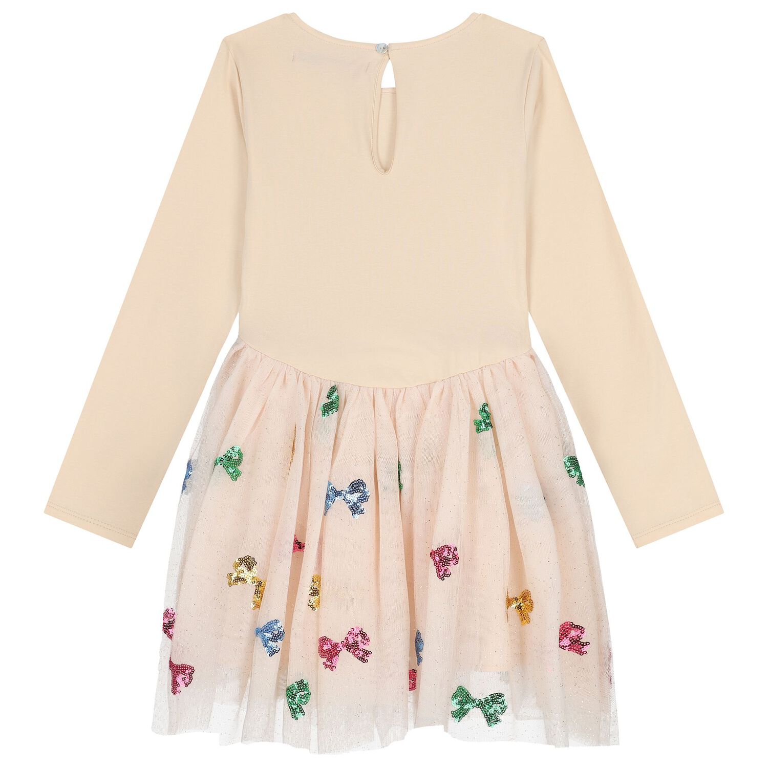 Girls Beige Bow Tulle Dress, 1, hi-res