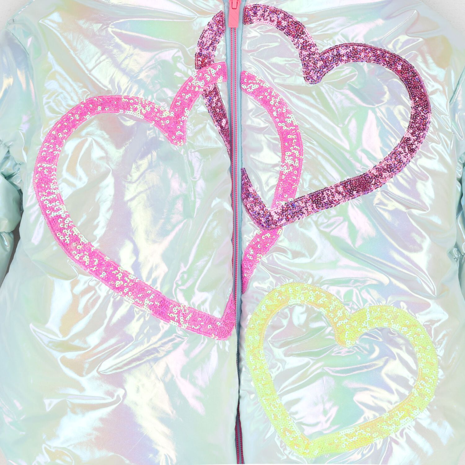 Girls Silver Iridescent Heart Puffer Jacket, 1, hi-res